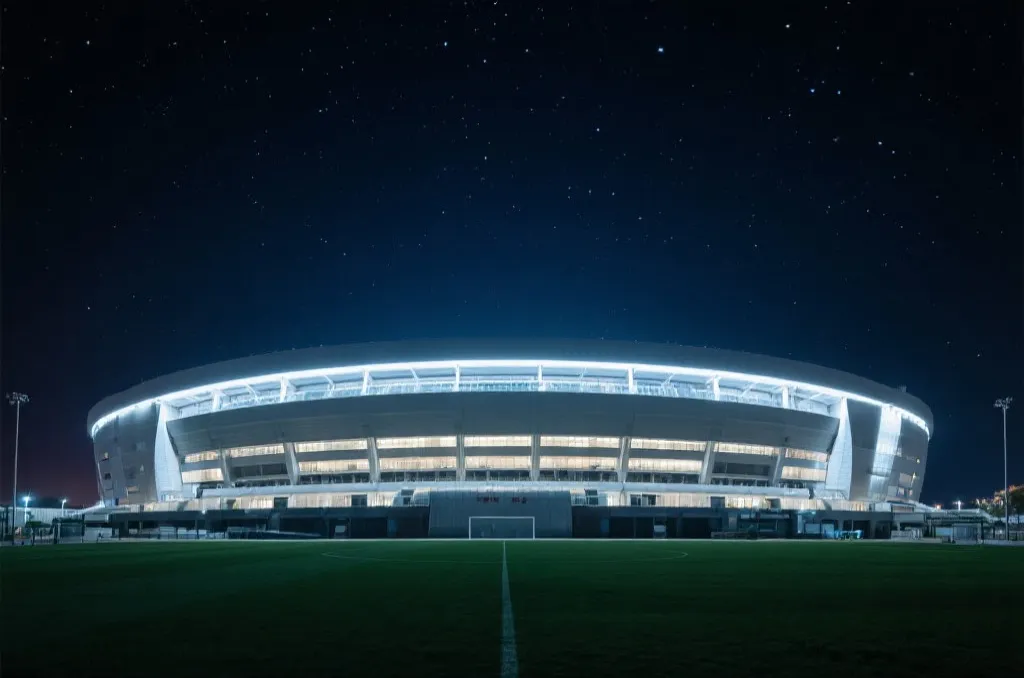 A wide shot of a modern football stadium lit up at night under a starry sky